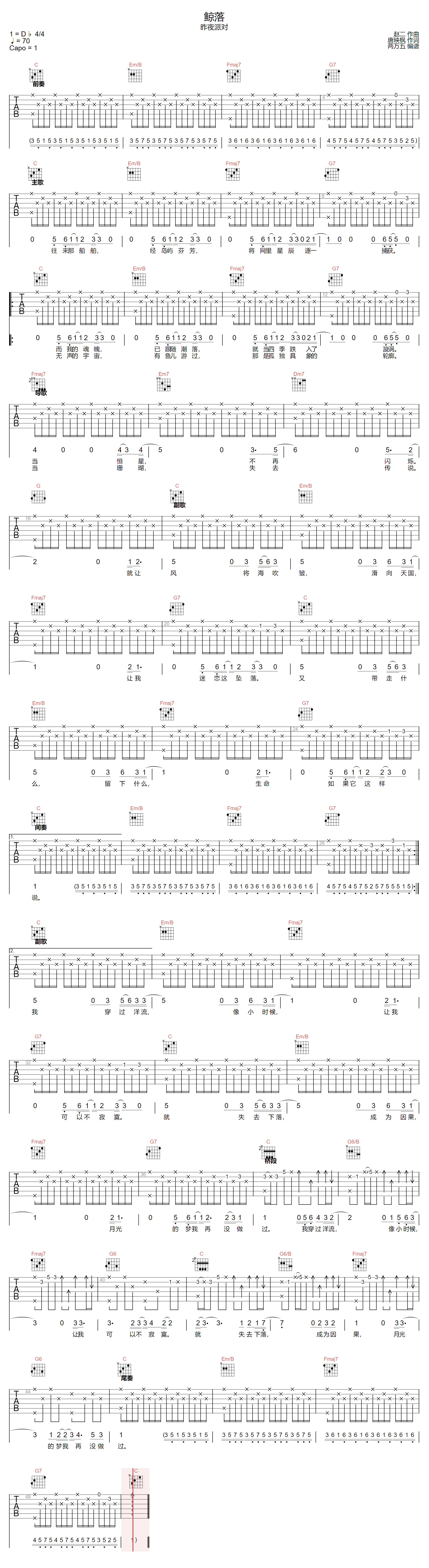 《鲸落吉他谱》昨夜派对_C调六线谱_两万五制谱