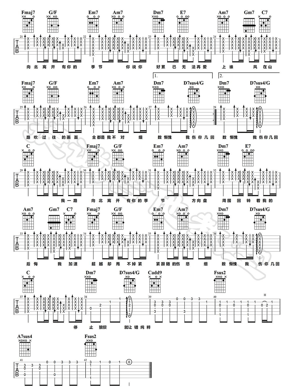 《一路向北吉他谱》周杰伦_C调六线谱_捷诚吉他教室制谱