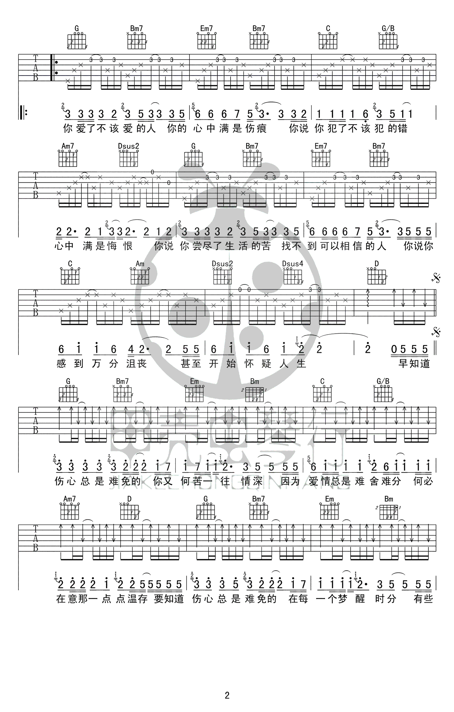 《梦醒时分吉他谱》陈淑桦_G调六线谱_甲壳虫琴行制谱