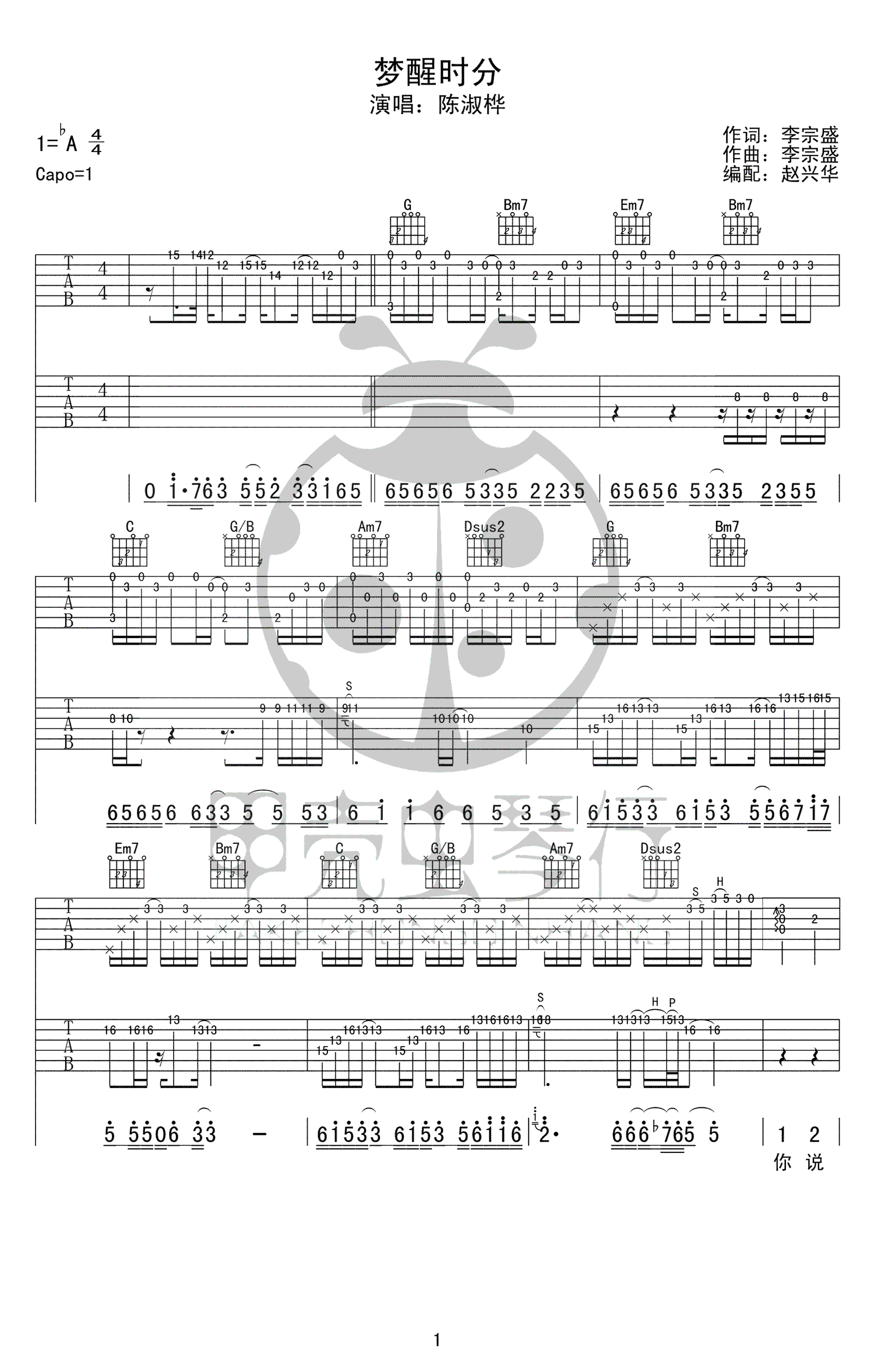 《梦醒时分吉他谱》陈淑桦_G调六线谱_甲壳虫琴行制谱