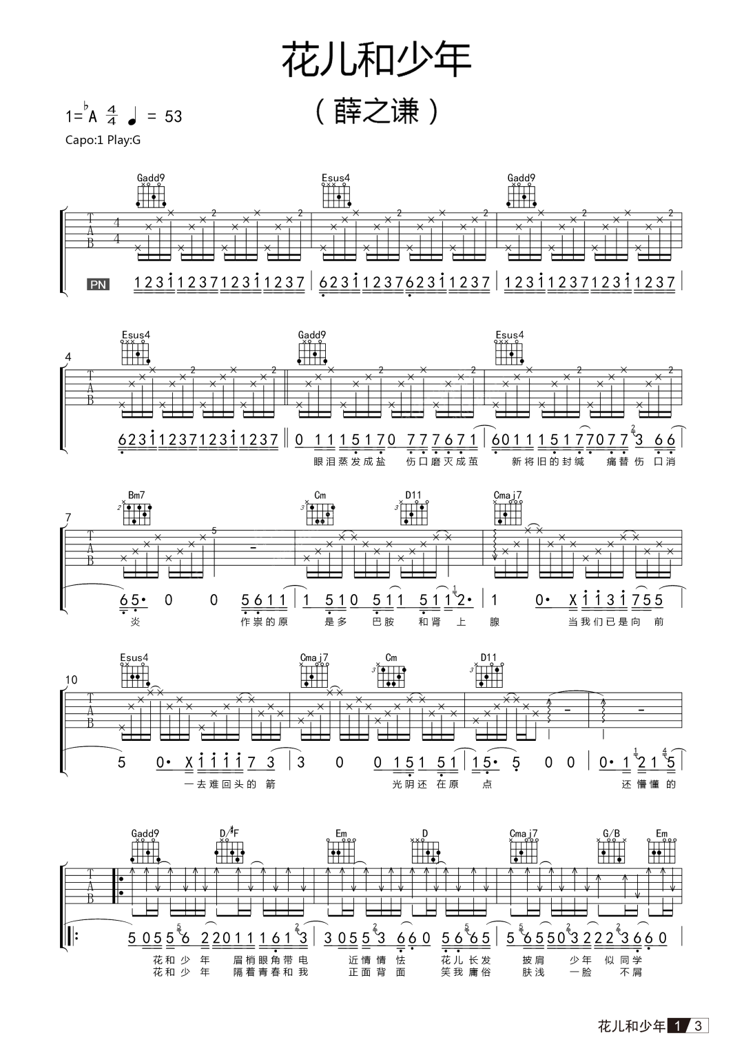 《花儿和少年吉他谱》薛之谦_G调六线谱_网络转载制谱
