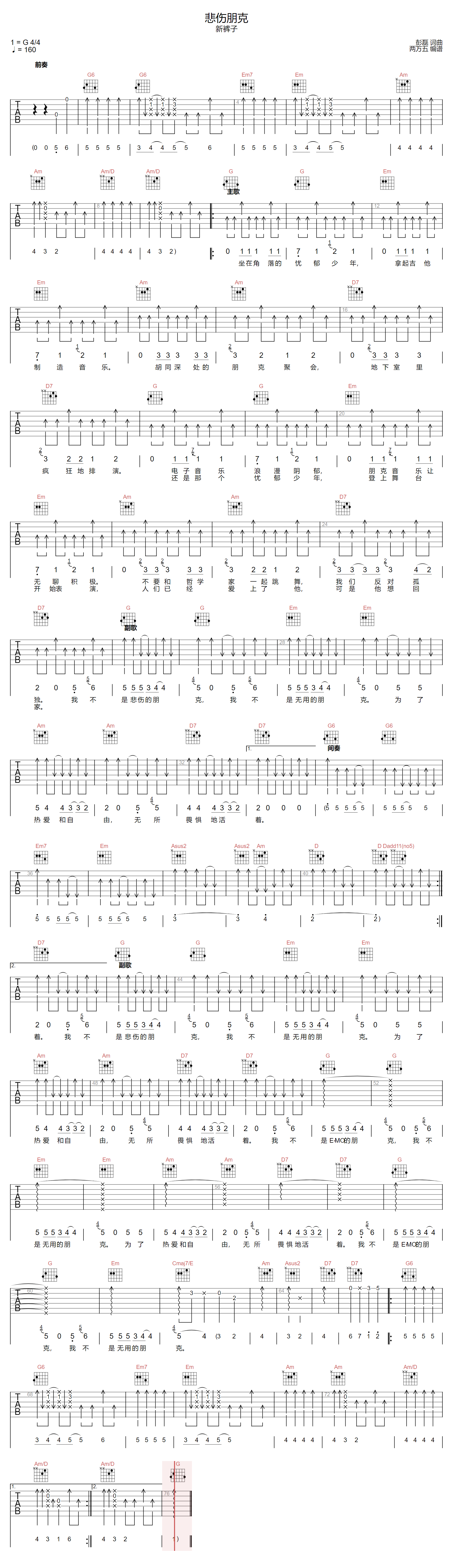 《悲伤朋克吉他谱》新裤子乐队_G调六线谱_两万五制谱