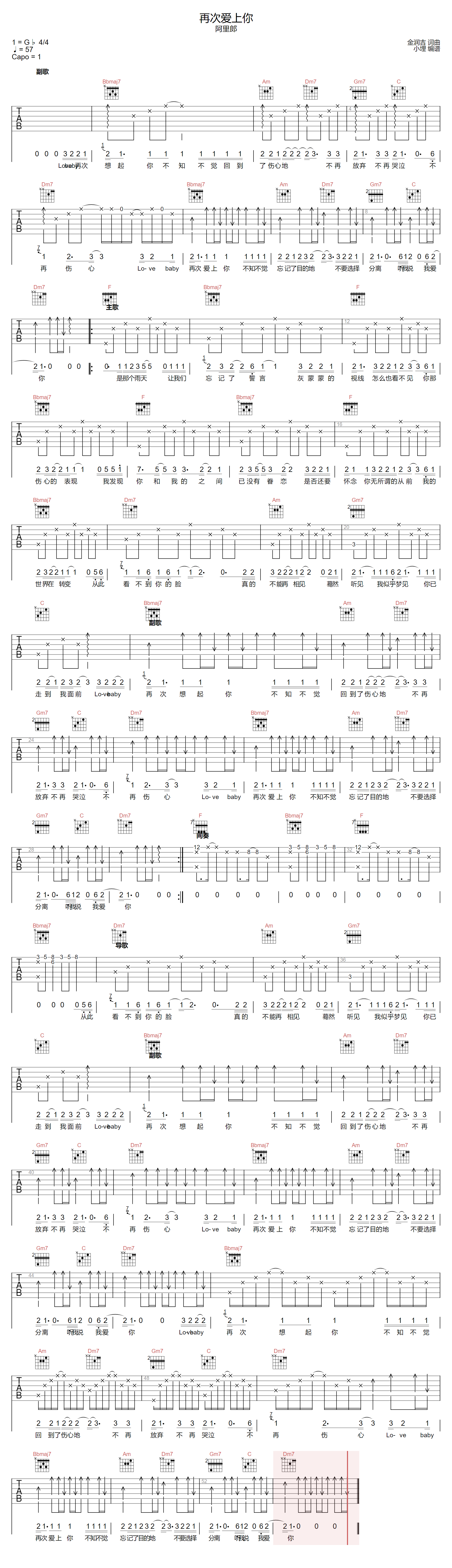 《再次爱上你吉他谱》WIFI歪歪_F调六线谱_小埋制谱
