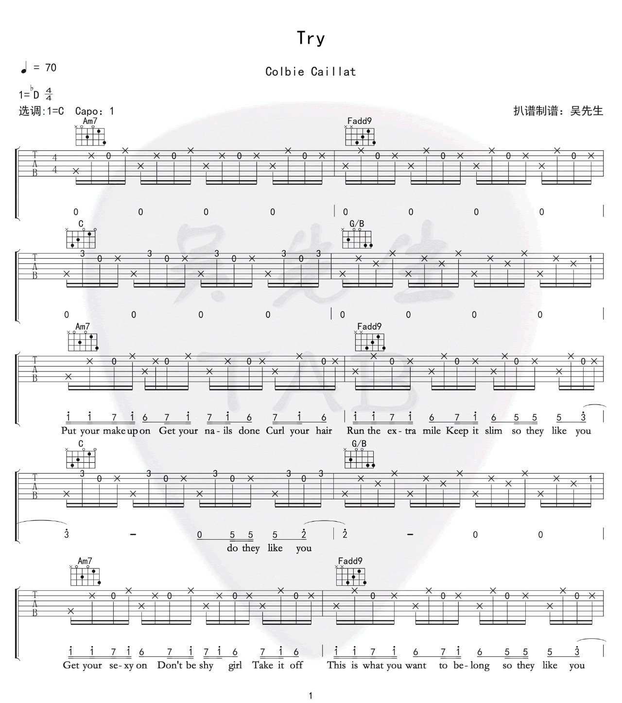 《Try吉他谱》Colbie-Caillat_C调六线谱_吴先生TAB制谱