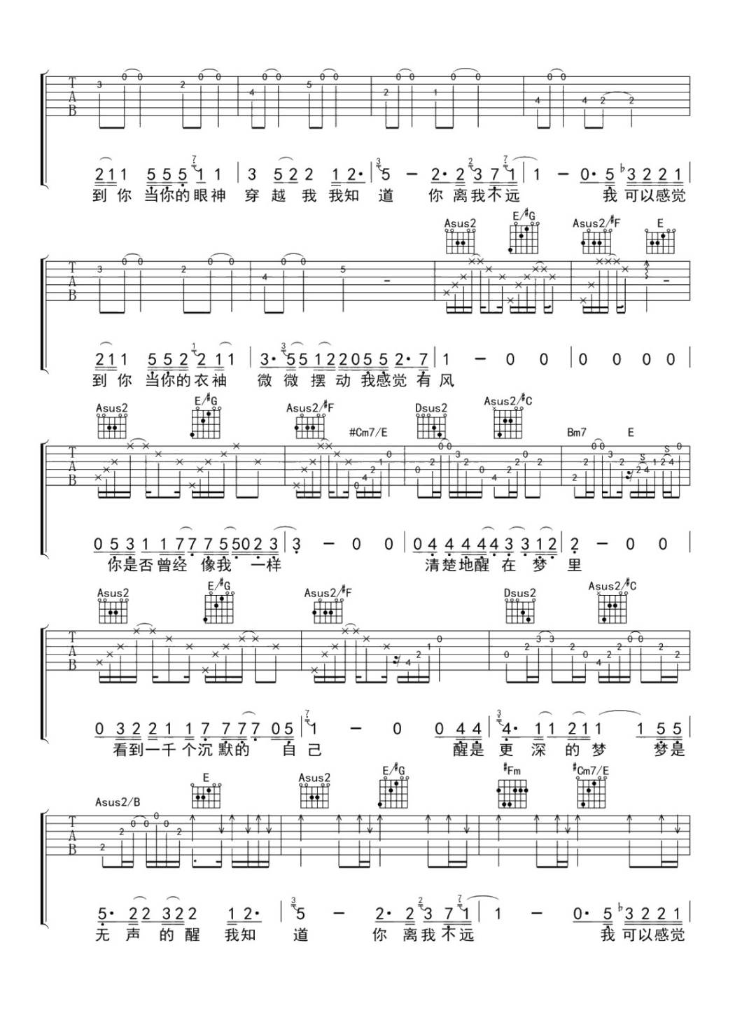《我知道你离我不远吉他谱》陈楚生_A调六线谱_网络转载制谱