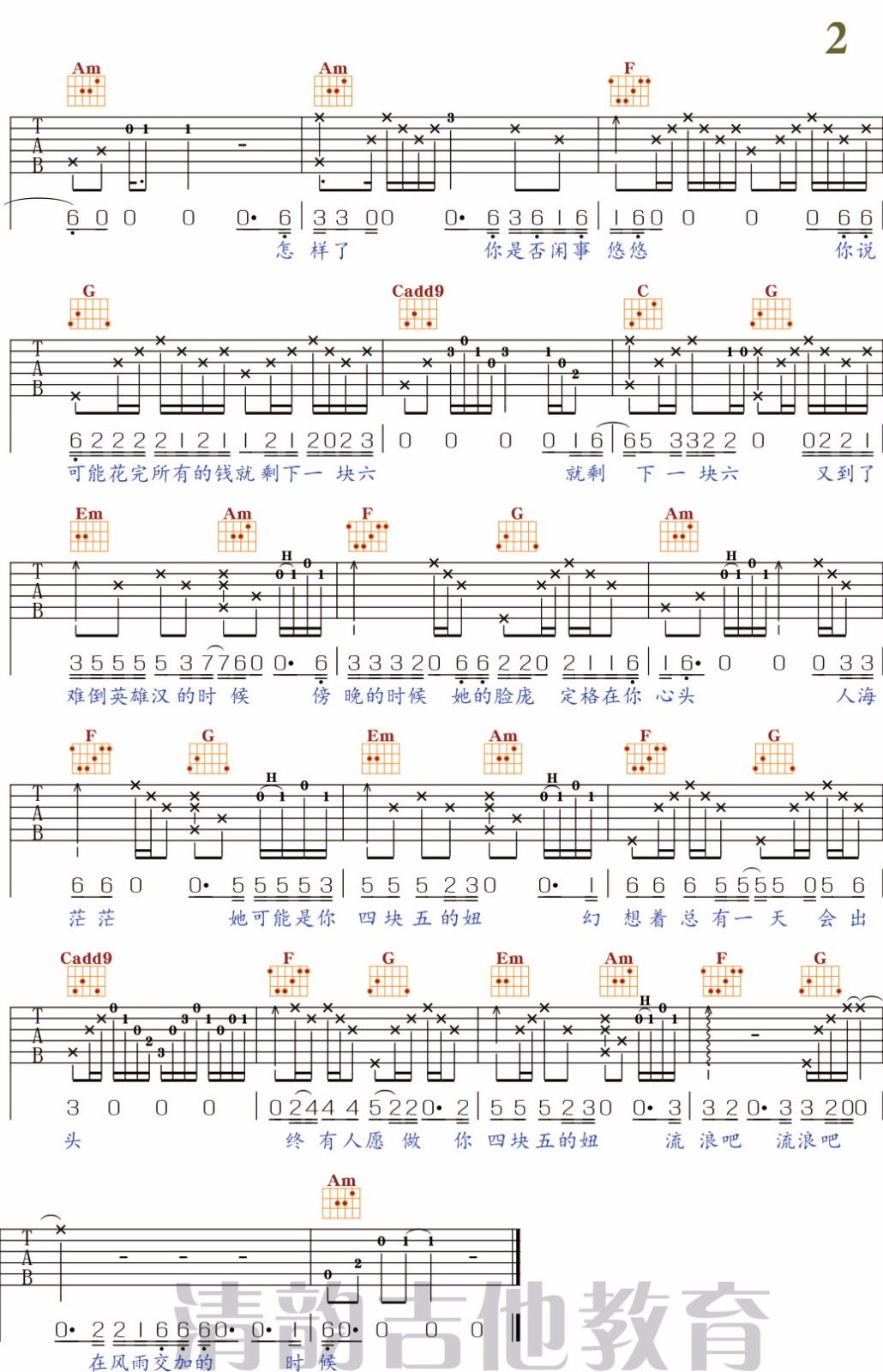 《四块五吉他谱》隔壁老樊_C调六线谱_清韵吉他教室制谱
