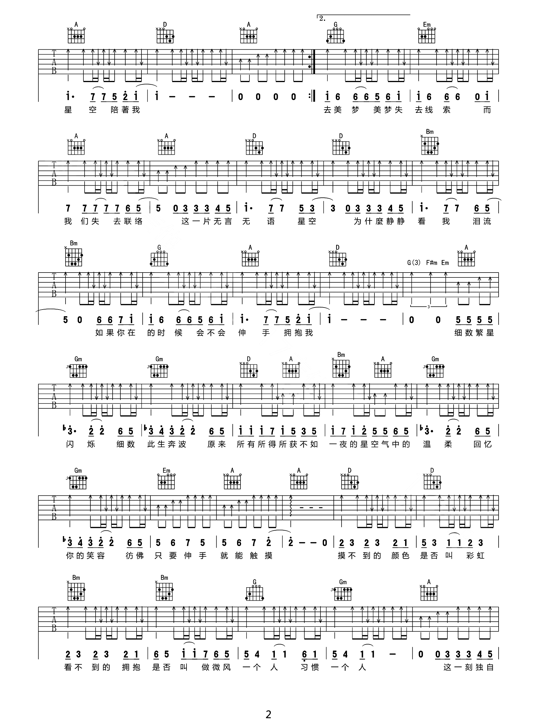 《星空吉他谱》五月天_D调六线谱_网络转载制谱