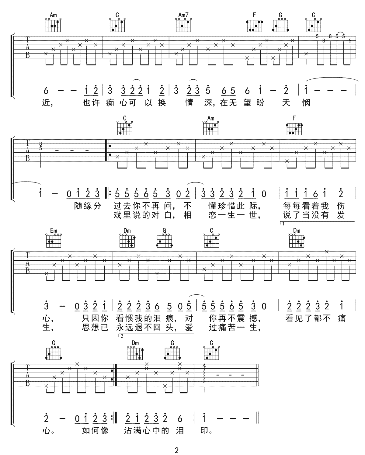 《痴心换情深吉他谱》周慧敏_C调六线谱_网络转载制谱