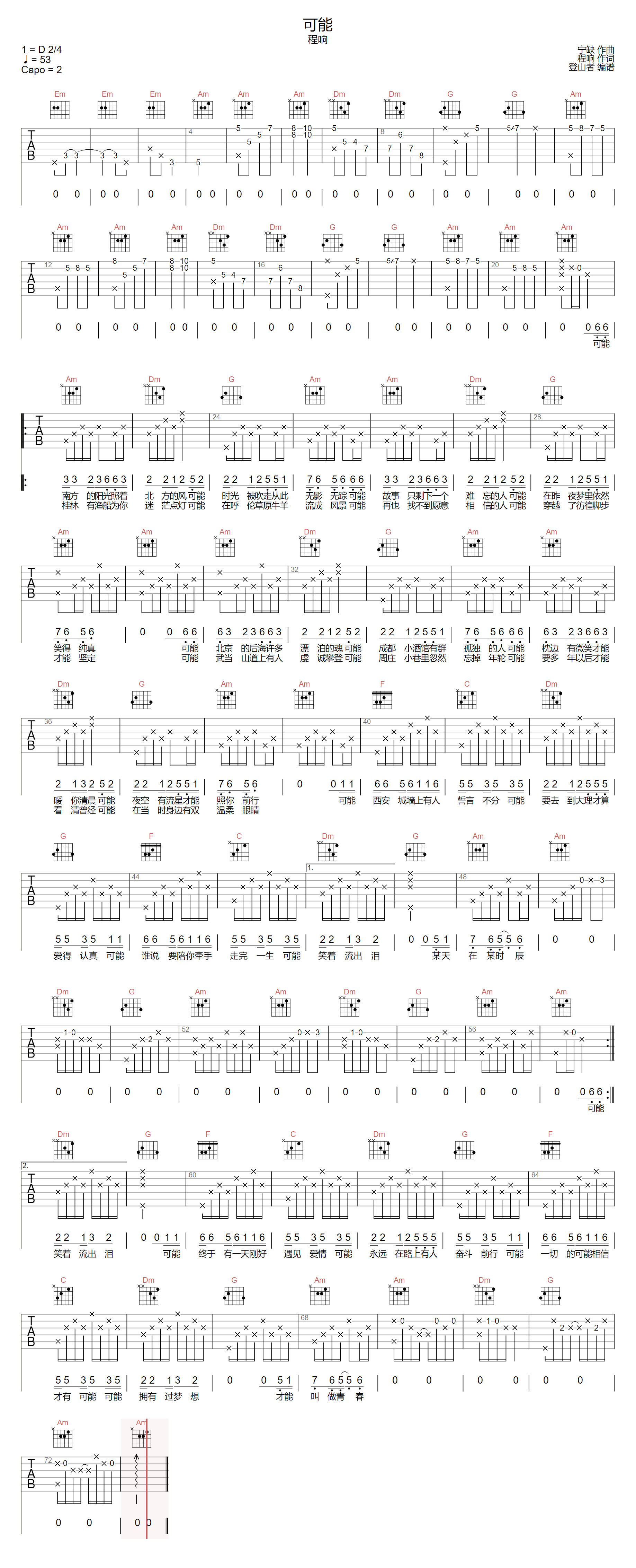 《可能吉他谱》程响_C调六线谱_登山者制谱