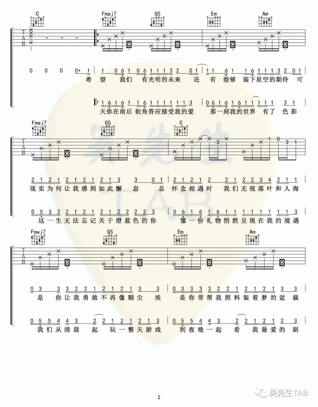 《把回忆拼好给你吉他谱》王贰浪_C调六线谱_吴先生TAB制谱