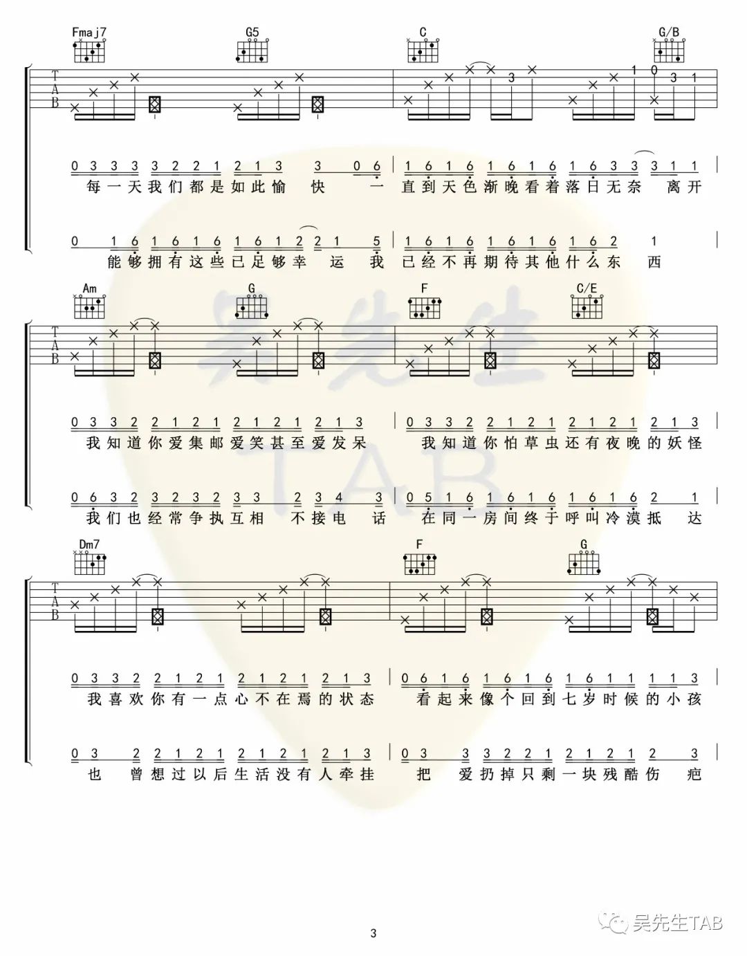 《把回忆拼好给你吉他谱》王贰浪_C调六线谱_吴先生TAB制谱
