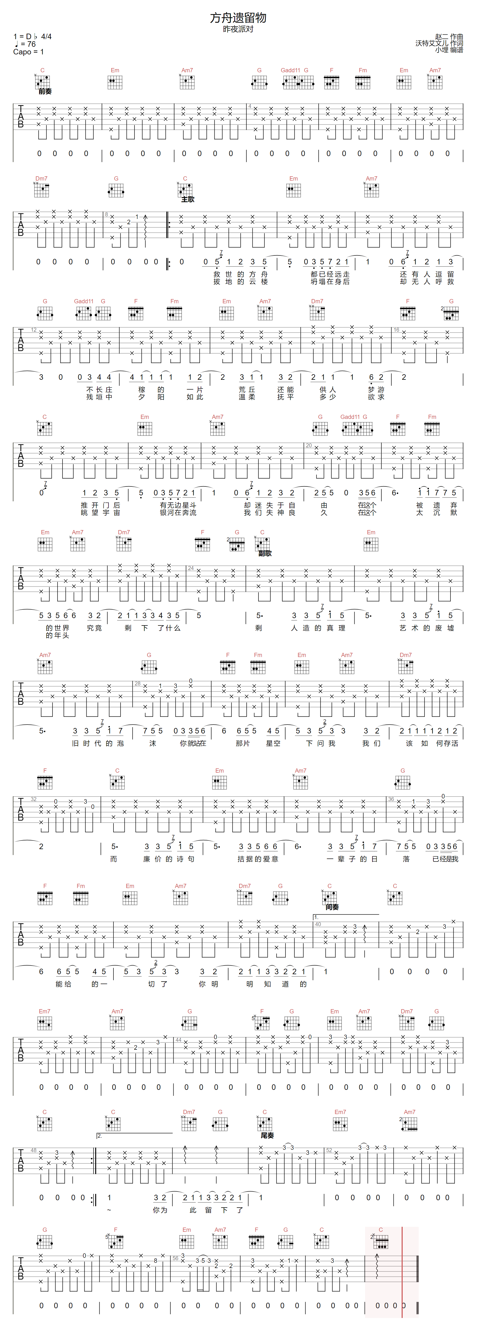 《方舟遗留物吉他谱》昨夜派对_C调六线谱_小埋制谱