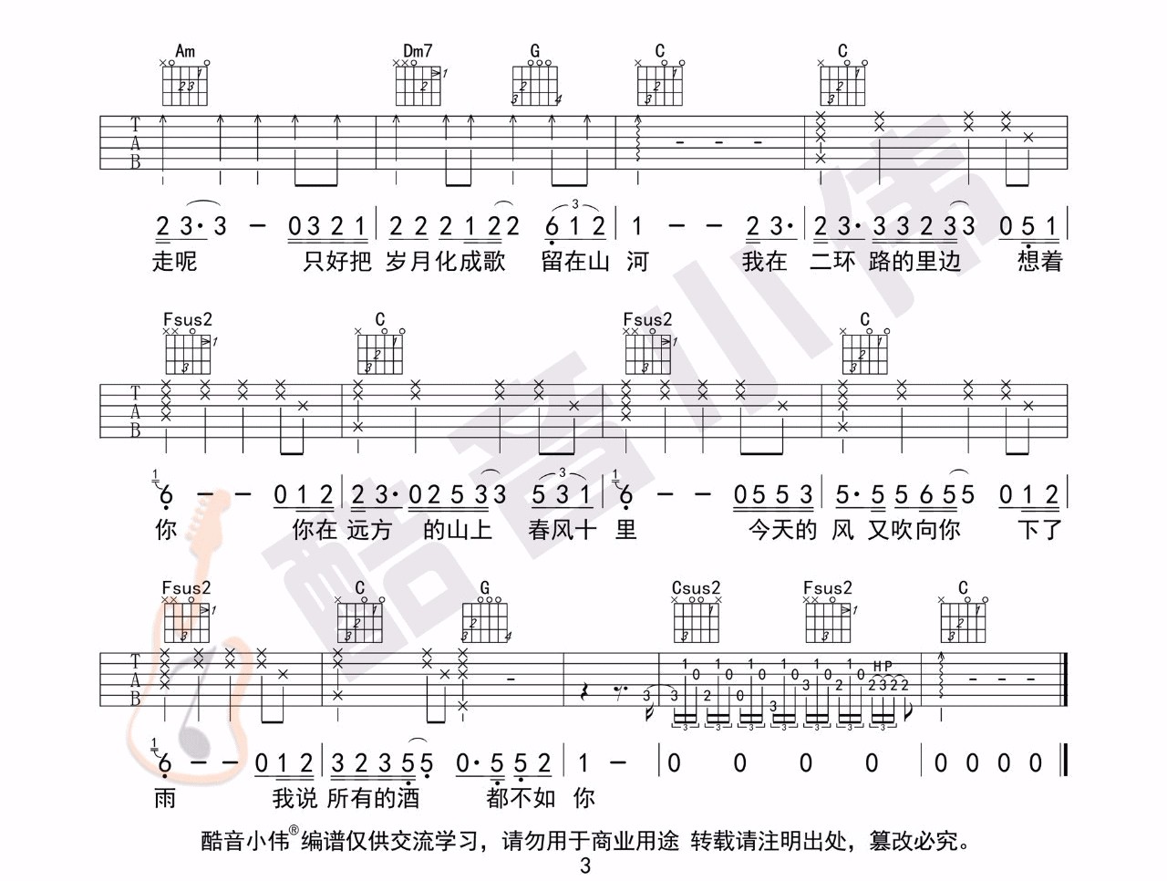 《春风十里吉他谱》鹿先森乐队_C调六线谱_酷音小伟制谱