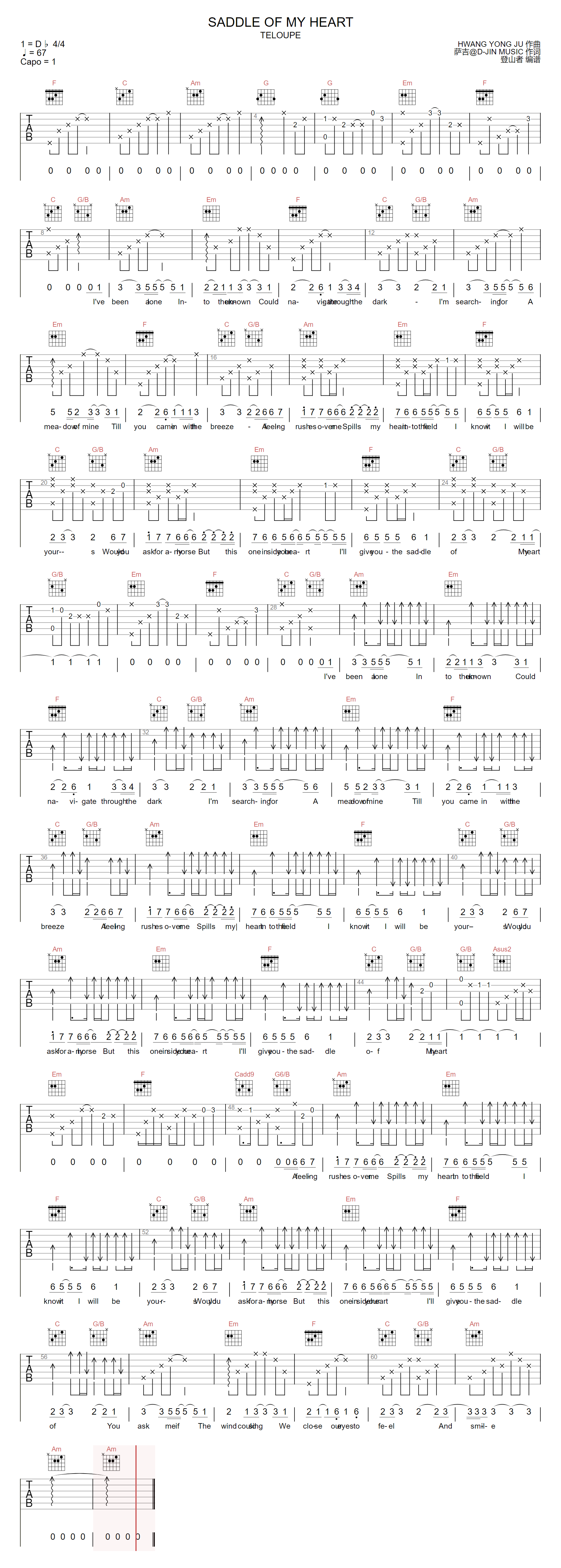 《Saddle-Of-My-Heart吉他谱》Teloupe_C调六线谱_登山者制谱