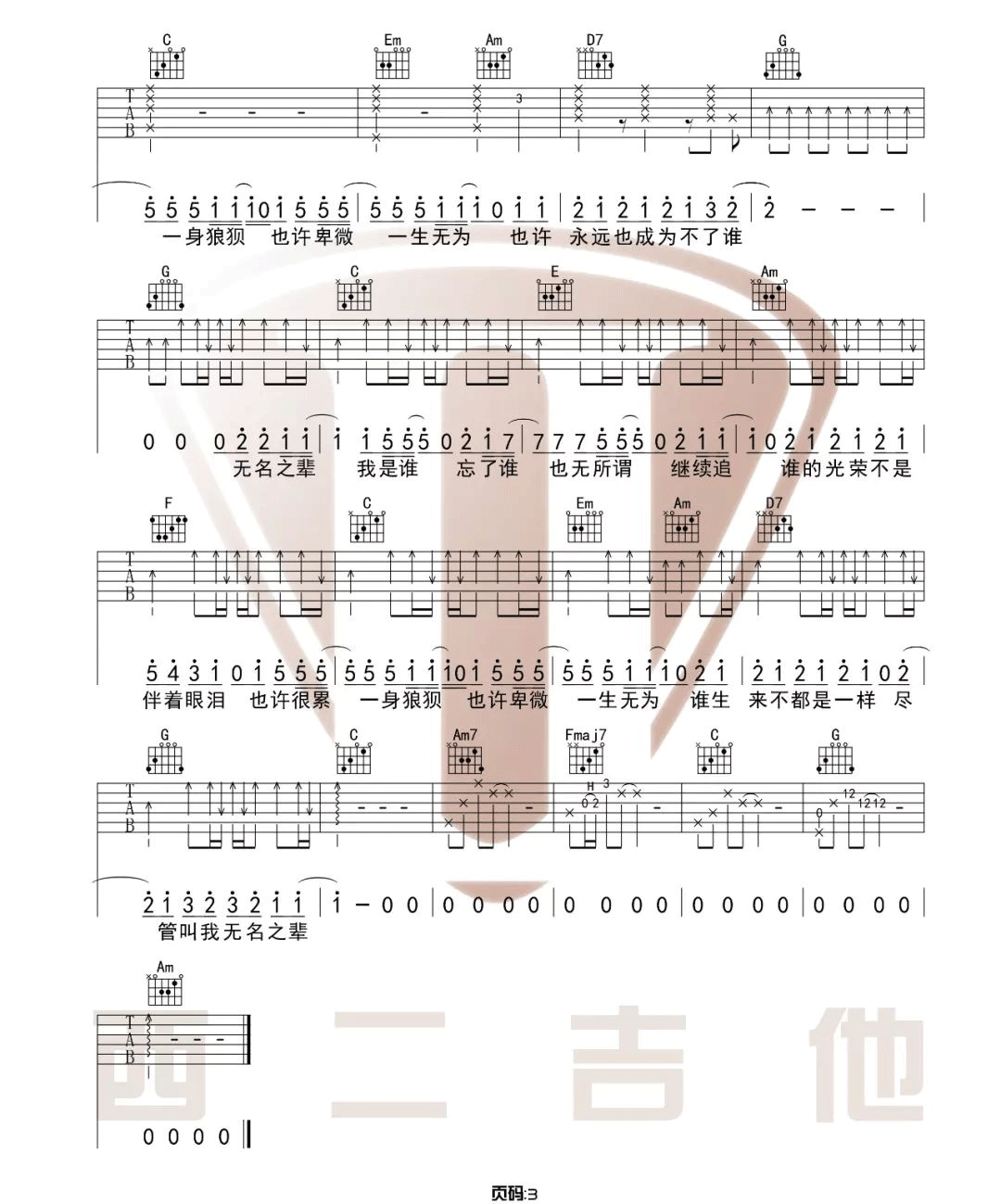 《无名之辈吉他谱》陈雪燃_C调六线谱_西二吉他制谱