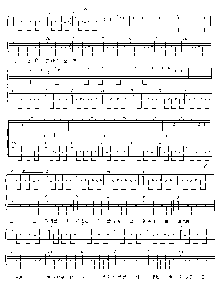 《孤独吉他谱》宾阳乐队_C调六线谱_网络转载制谱