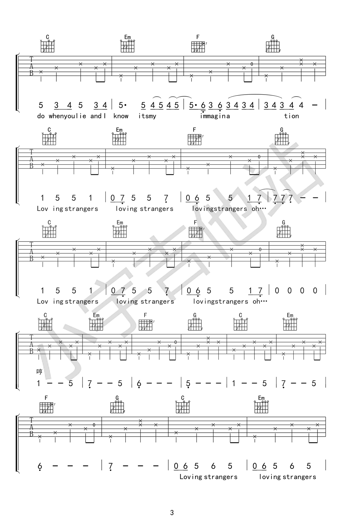 《Loving-Strangers吉他谱》Tiger_C调六线谱_小宇制谱