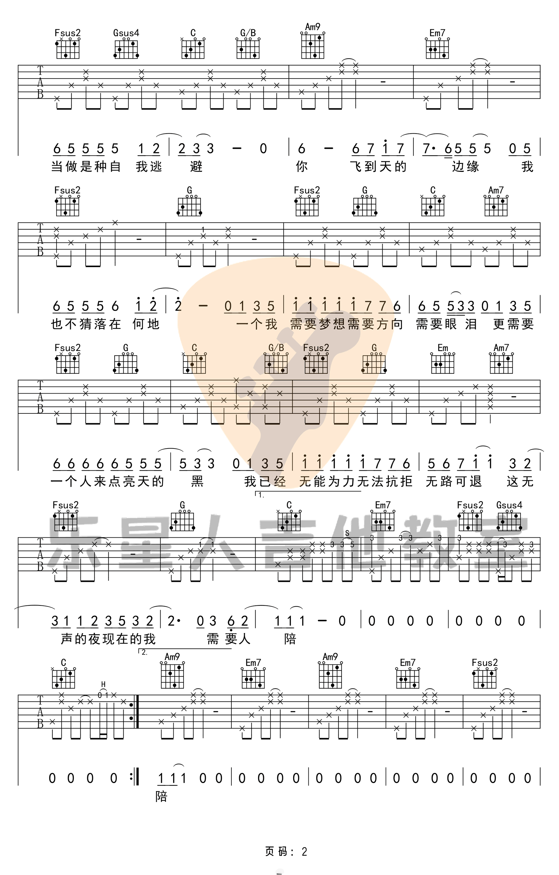 《需要人陪吉他谱》王力宏_C调六线谱_乐星人吉他教室制谱