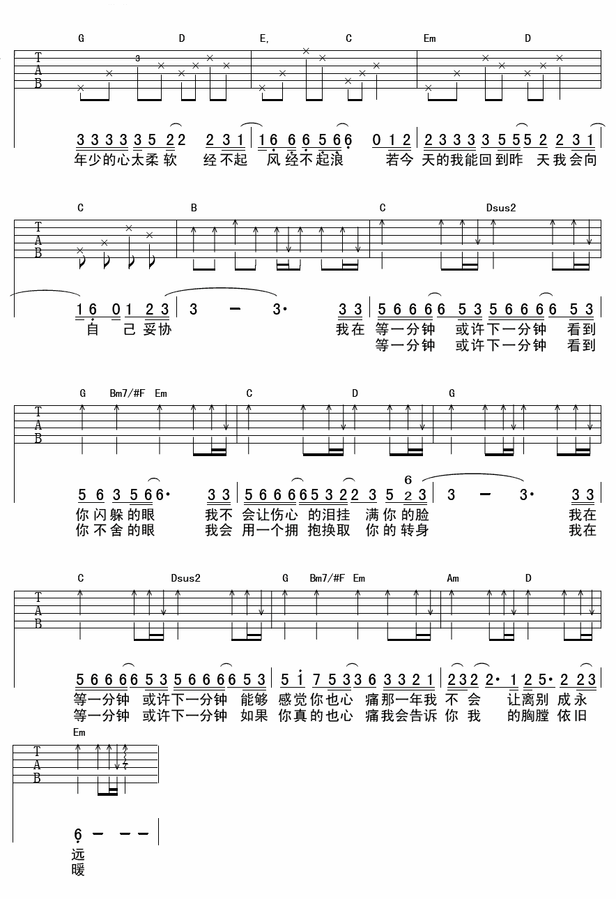 《等一分钟吉他谱》徐誉滕_G调六线谱_延麟制谱