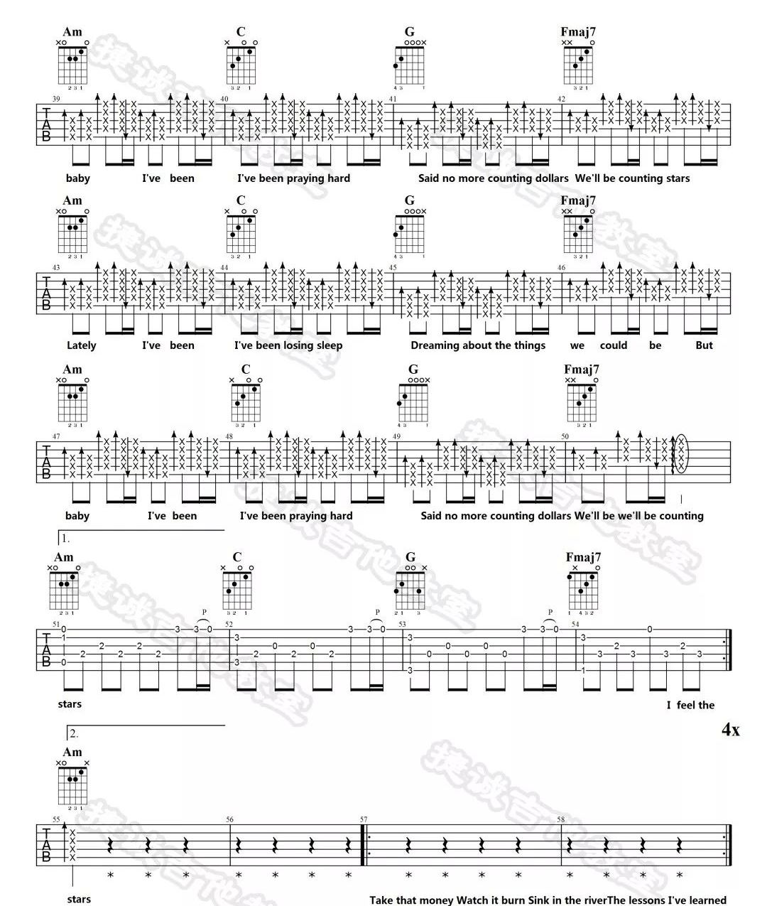 《Counting-Stars吉他谱》One-Republic_C调六线谱_捷诚吉他教室制谱