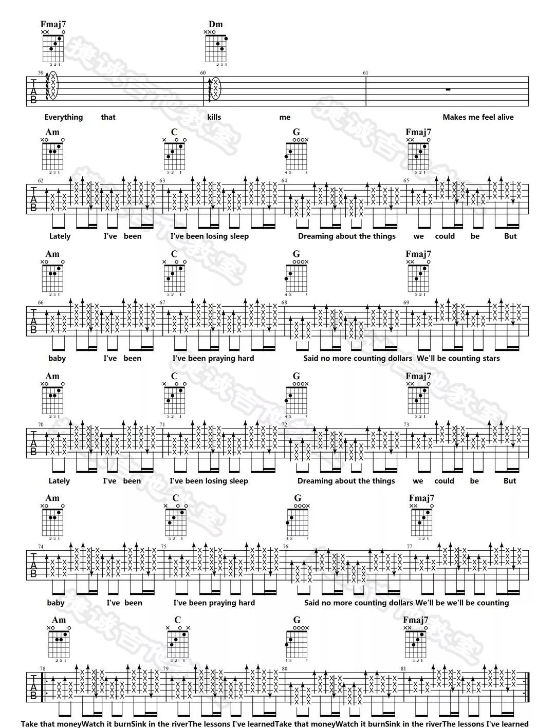 《Counting-Stars吉他谱》One-Republic_C调六线谱_捷诚吉他教室制谱