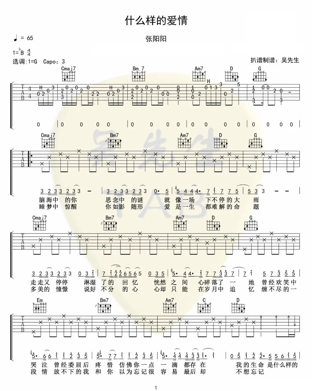 《什么样的爱情吉他谱》张阳阳_G调六线谱_吴先生TAB制谱