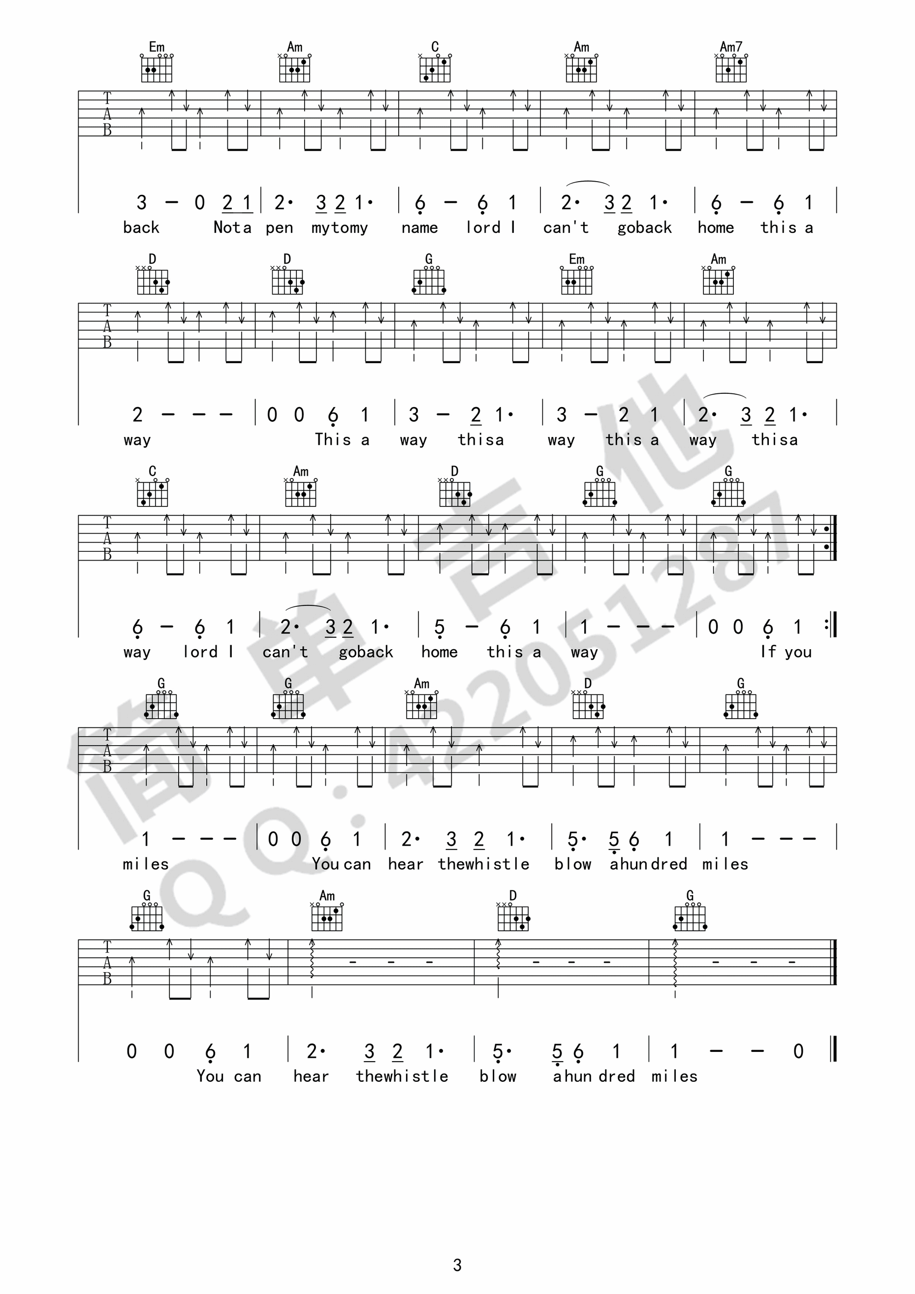 《500miles吉他谱》4/4拍的节奏，这首歌曲的原调为A调，这里曲谱采用了G调指法进行编配，_G调六线谱_简单吉他制谱
