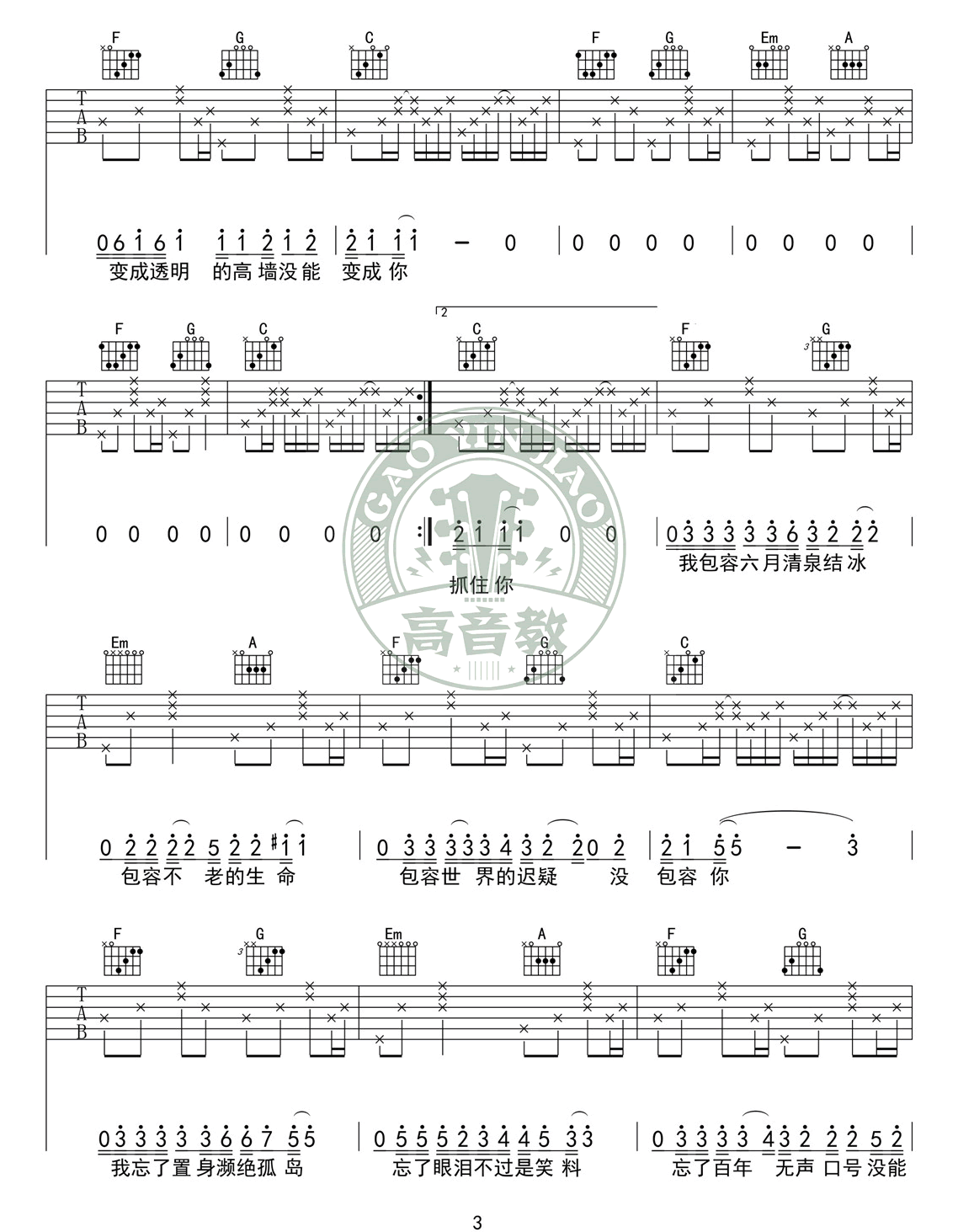 《奇妙能力歌吉他谱》陈粒_C调六线谱_高音教制谱
