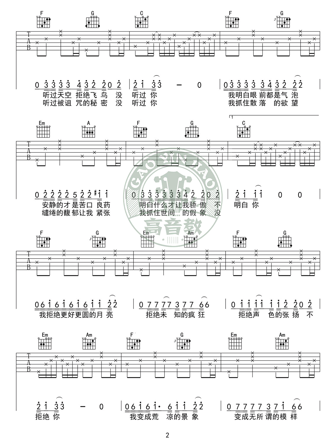 《奇妙能力歌吉他谱》陈粒_C调六线谱_高音教制谱