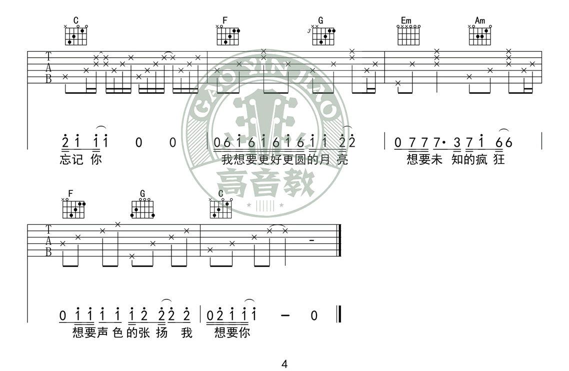 《奇妙能力歌吉他谱》陈粒_C调六线谱_高音教制谱