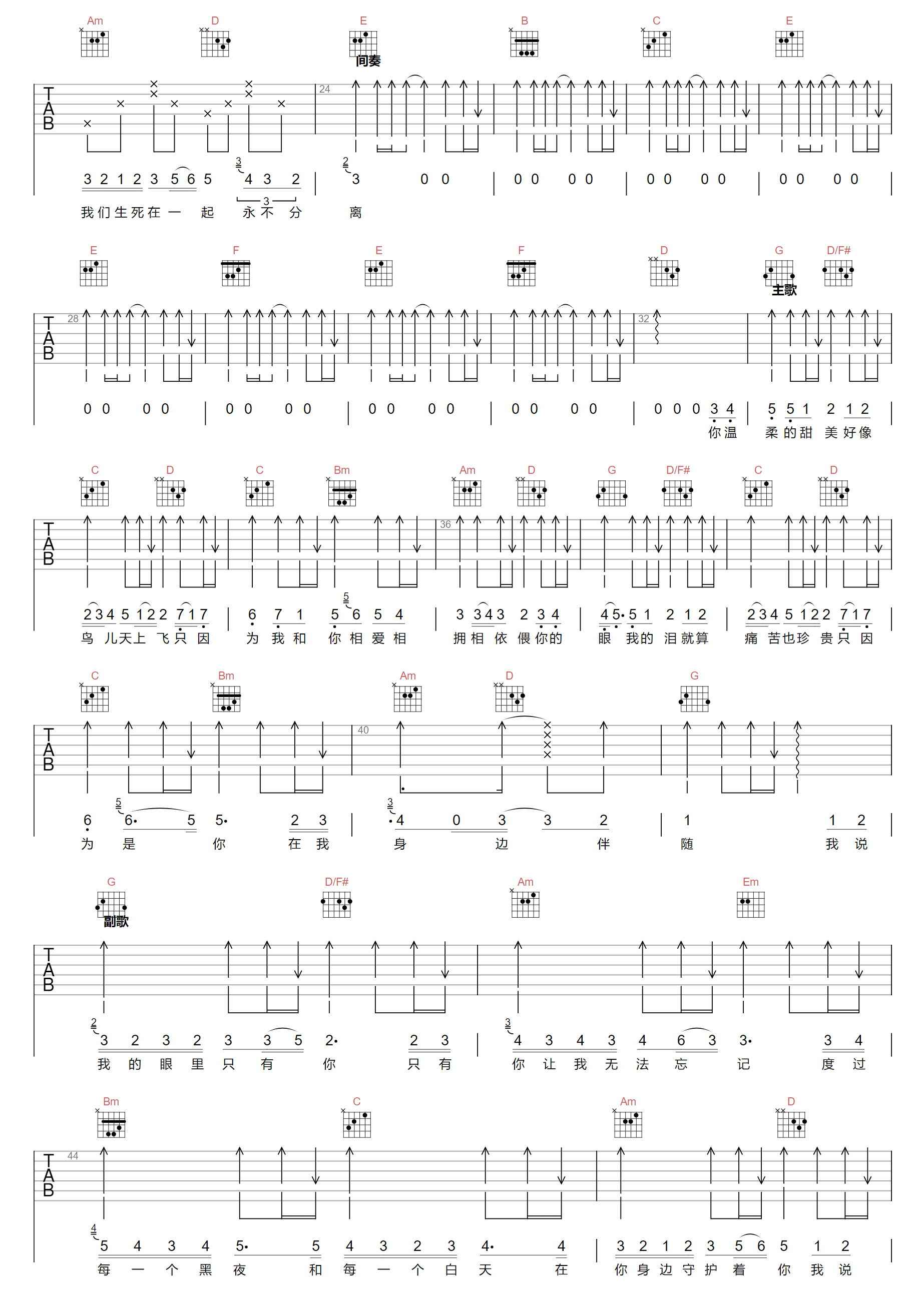 《我的眼里只有你吉他谱》周柯宇_G调六线谱_两万五制谱