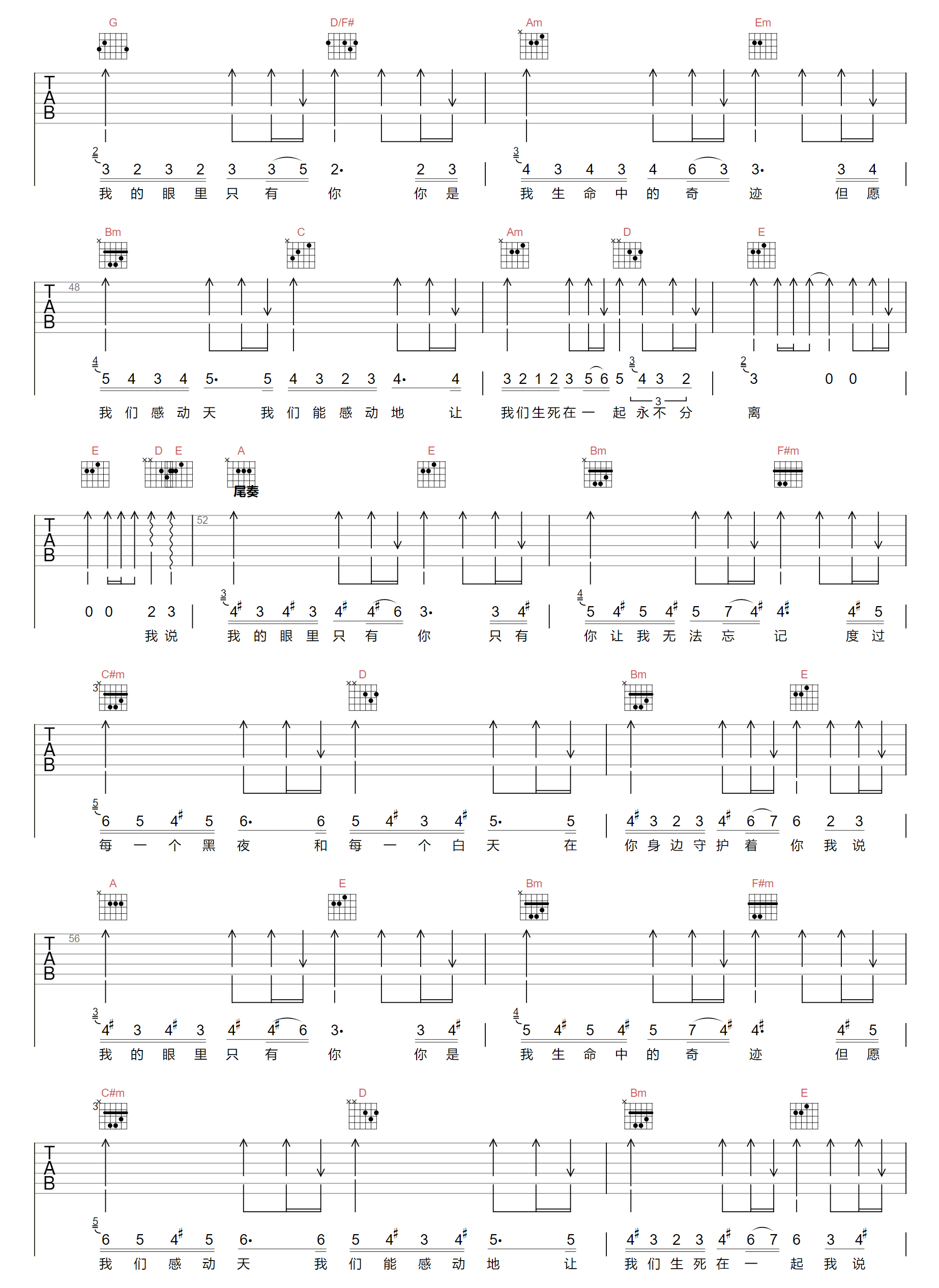 《我的眼里只有你吉他谱》周柯宇_G调六线谱_两万五制谱