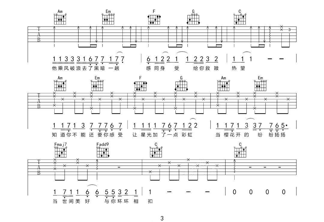 《世间美好与你环环相扣吉他谱》柏松_C调六线谱_网络转载制谱