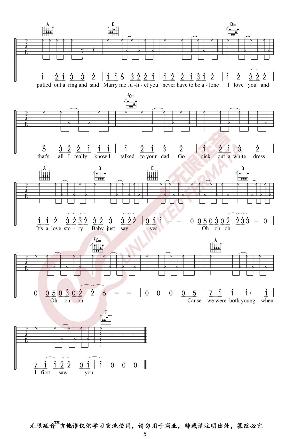 《Love-Story吉他谱》Taylor-Swift_D调六线谱_无限延音制谱