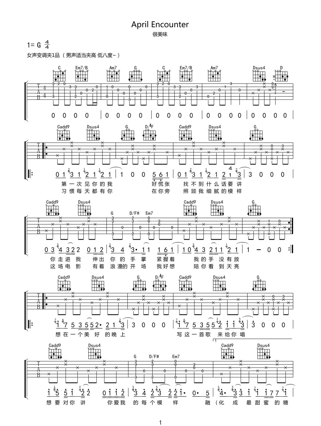 《April-Encounter吉他谱》很美味_G调六线谱_网络转载制谱
