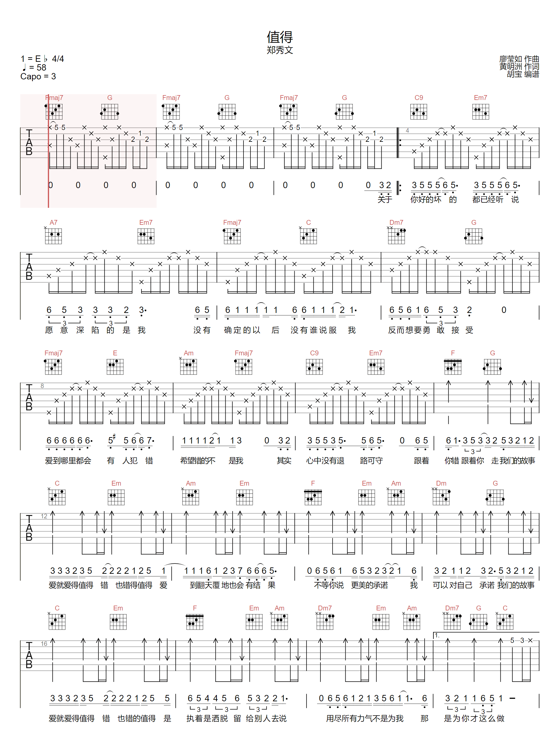 《值得吉他谱》半吨兄弟_C调六线谱_胡宝制谱