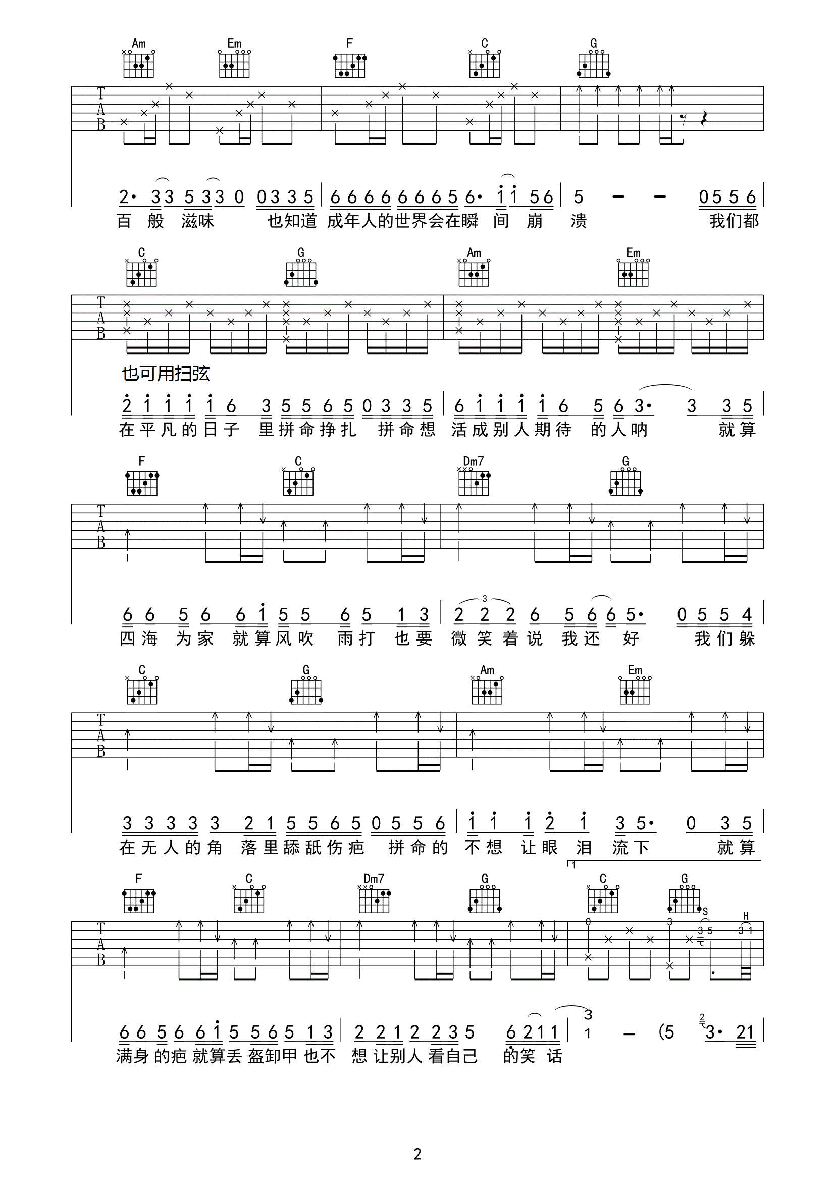 《平凡日子里的挣扎吉他谱》曾抖抖_C调六线谱_天涯哥制谱