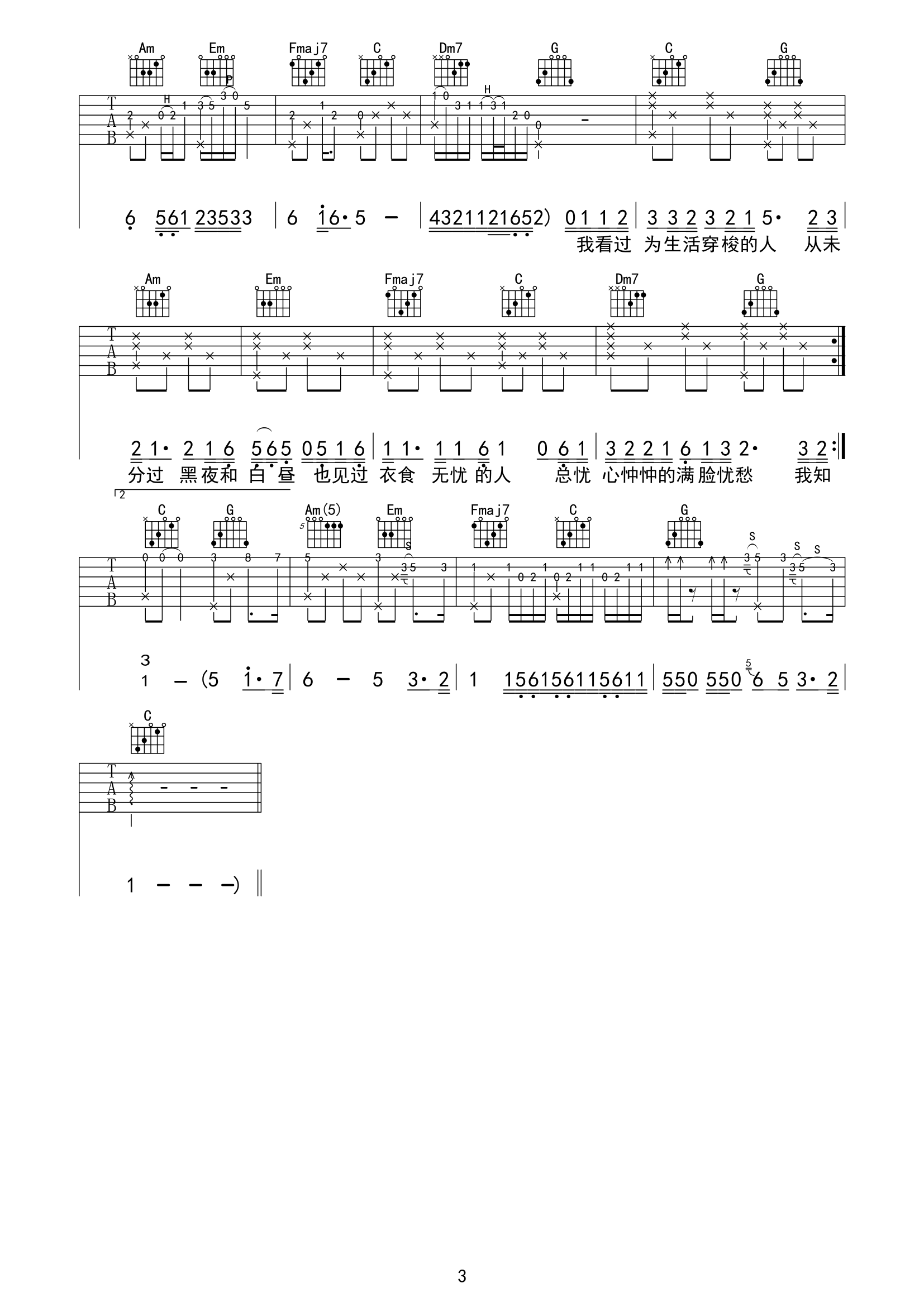 《平凡日子里的挣扎吉他谱》曾抖抖_C调六线谱_天涯哥制谱