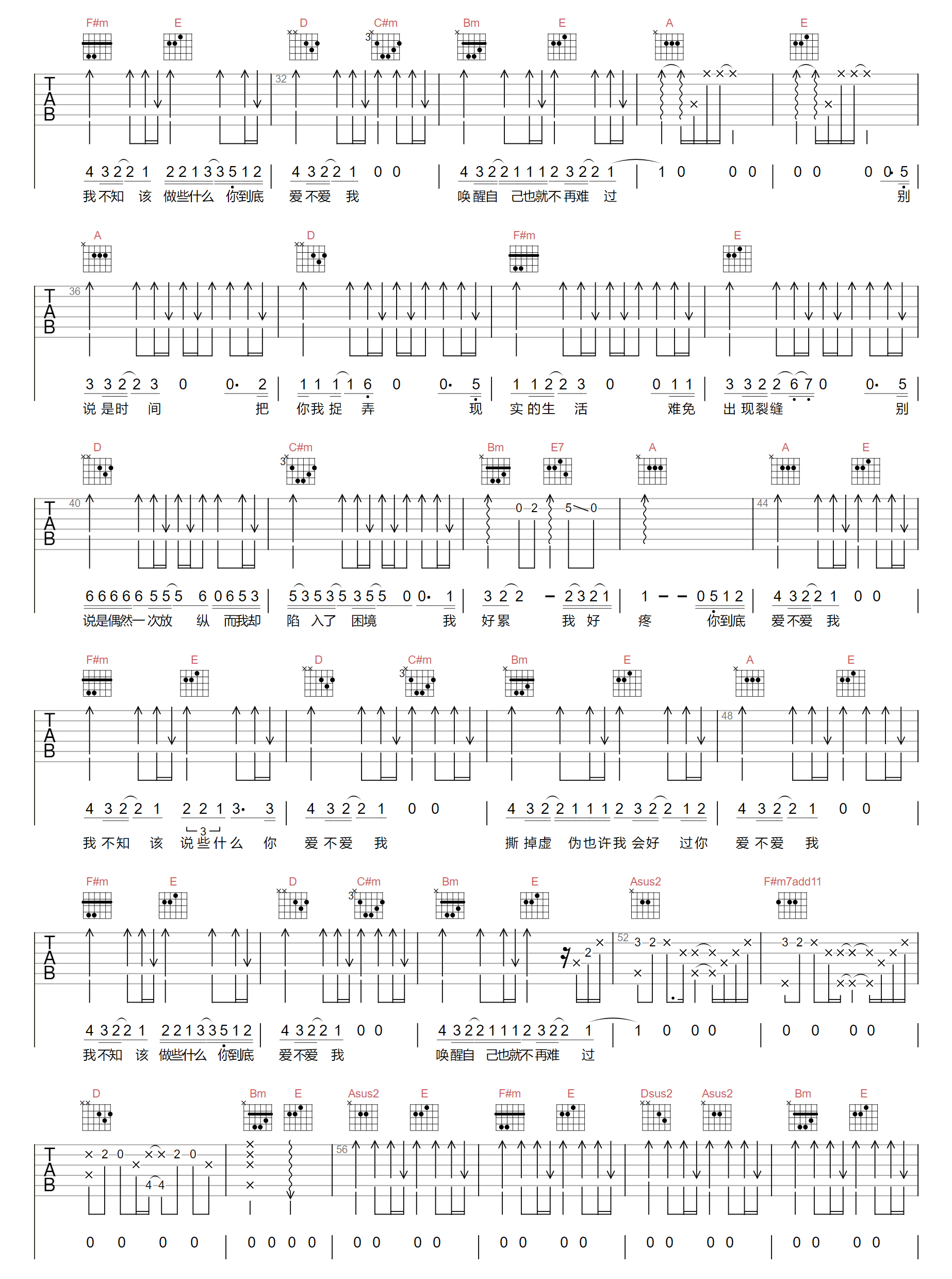 《爱不爱我吉他谱》零点乐队_A调六线谱_两万五制谱