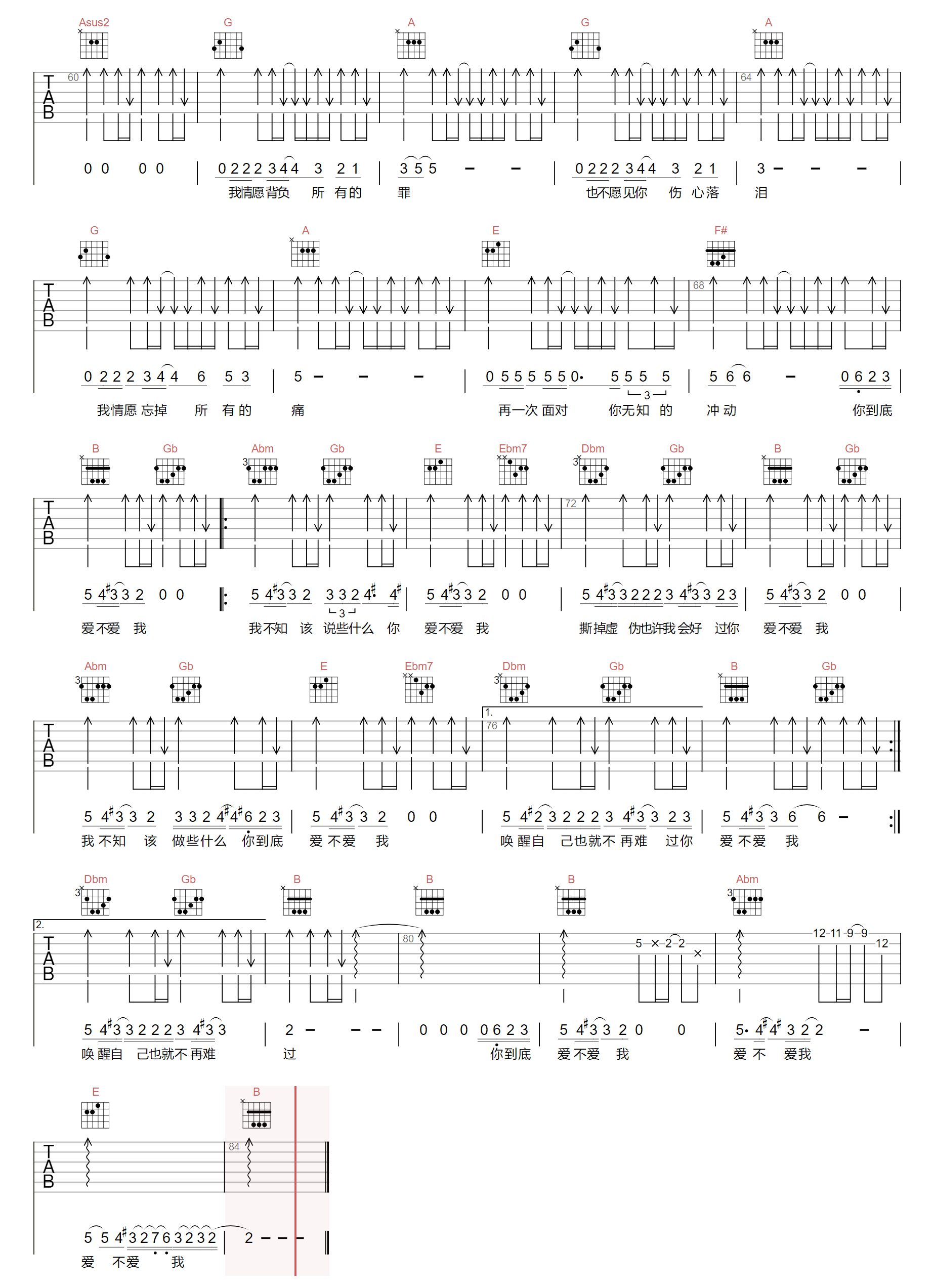 《爱不爱我吉他谱》零点乐队_A调六线谱_两万五制谱