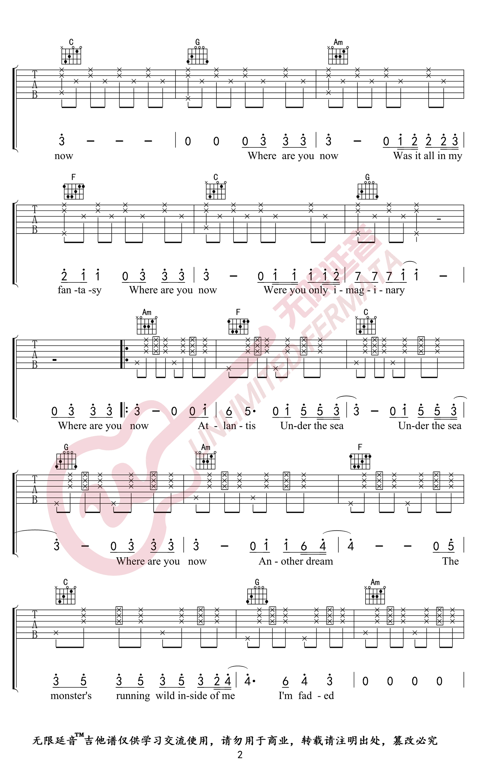 《Faded吉他谱》Alan-Walker_C调六线谱_无限延音制谱