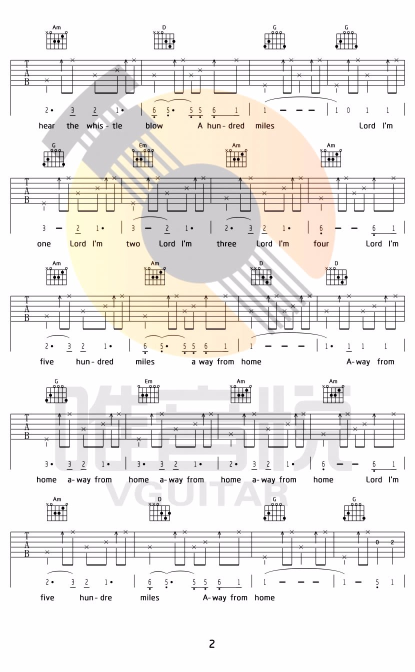 《500miles吉他谱》Five hundred miles_G调六线谱_唯音悦制谱