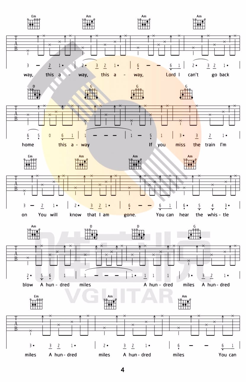 《500miles吉他谱》Five hundred miles_G调六线谱_唯音悦制谱
