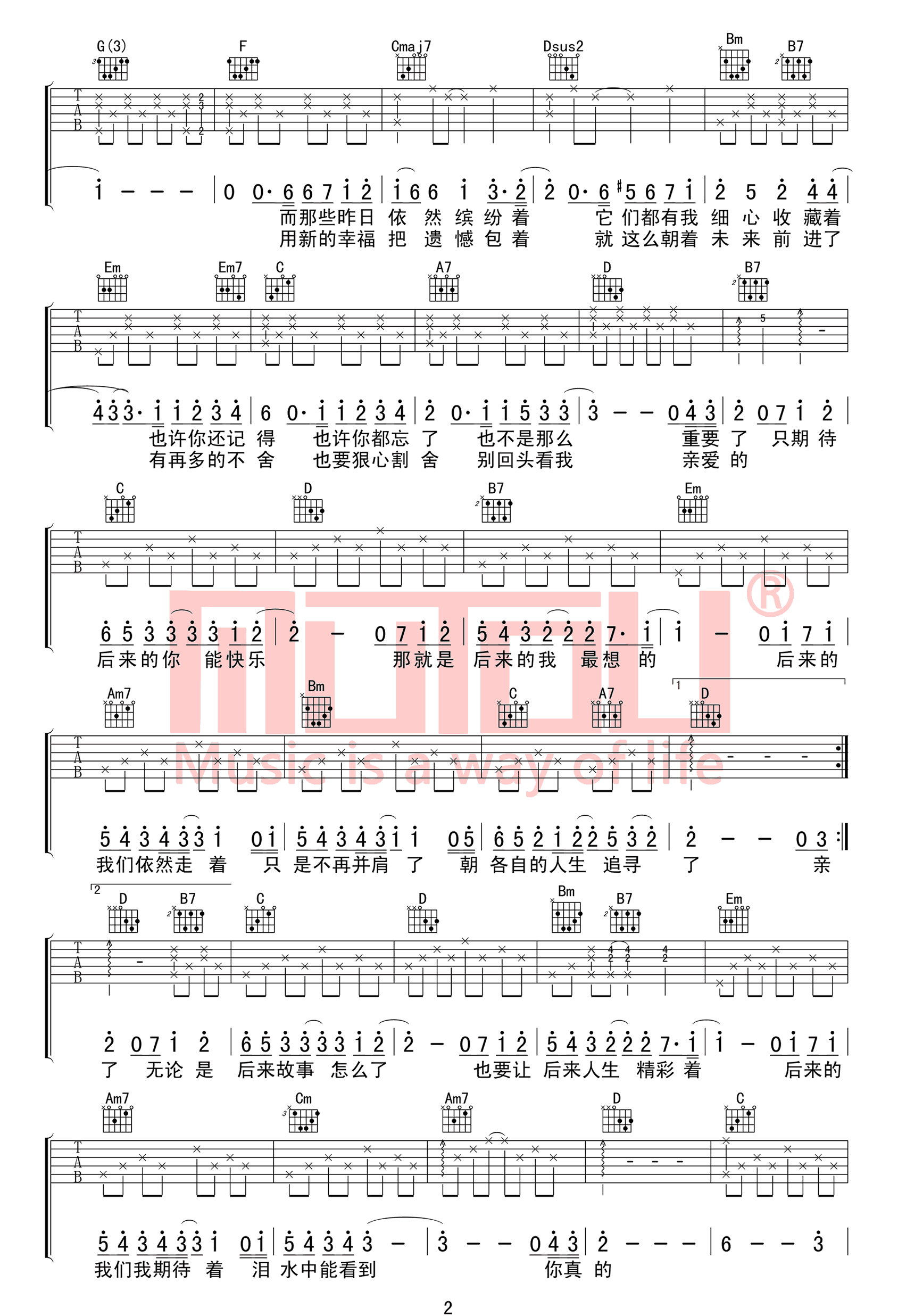 《后来的我们吉他谱》五月天_G调六线谱_木头吉他屋制谱