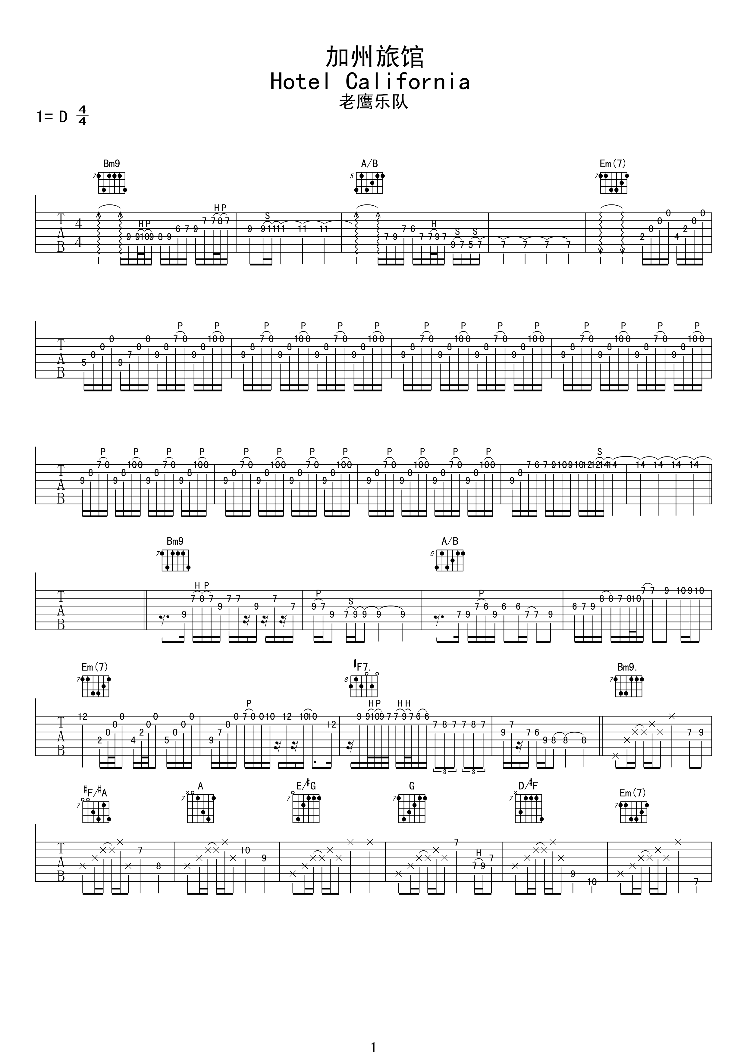 《加州旅馆吉他谱》老鹰乐队_D调六线谱_网络转载制谱