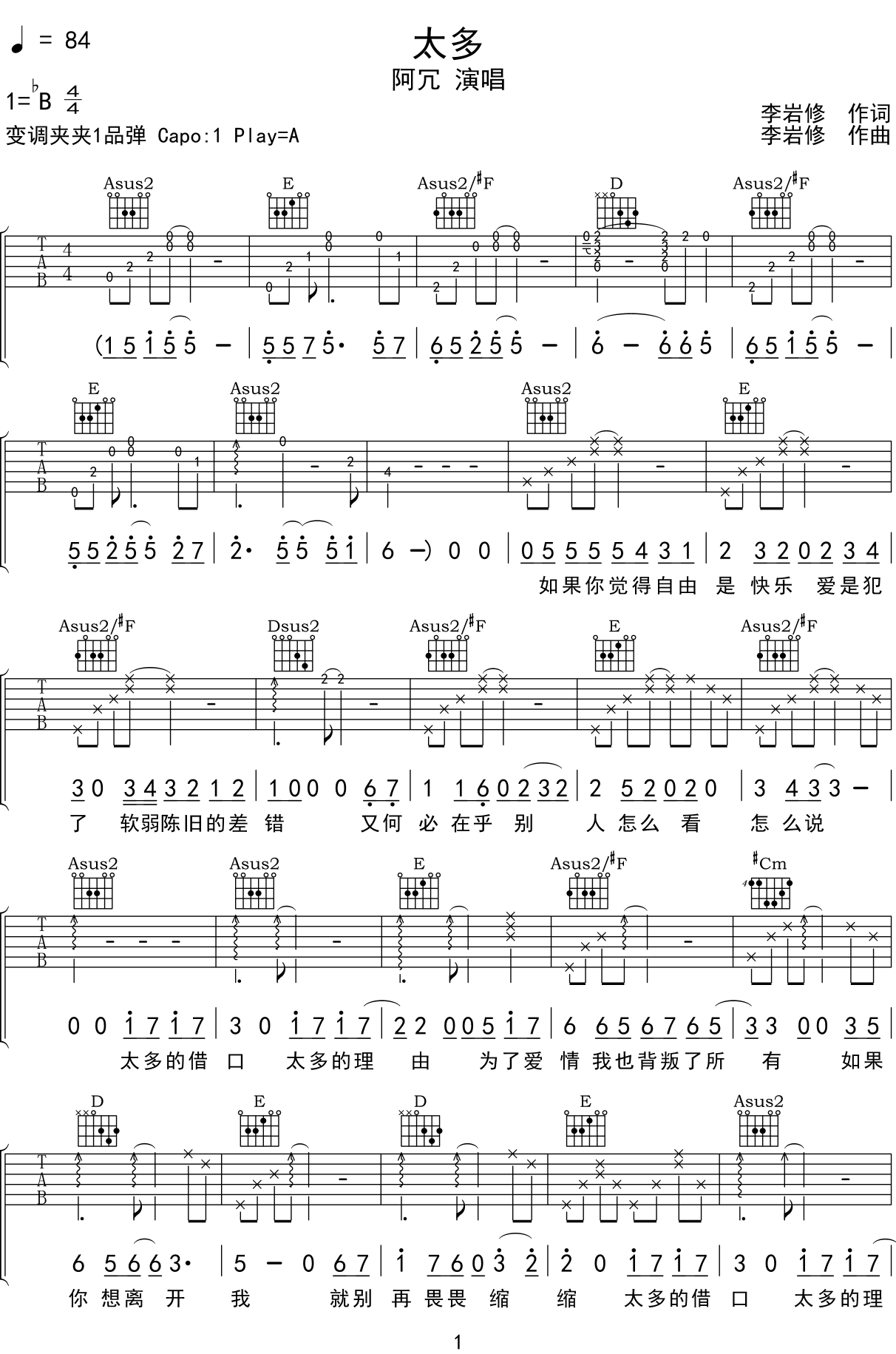 《太多吉他谱》阿冗_A调六线谱_网络转载制谱