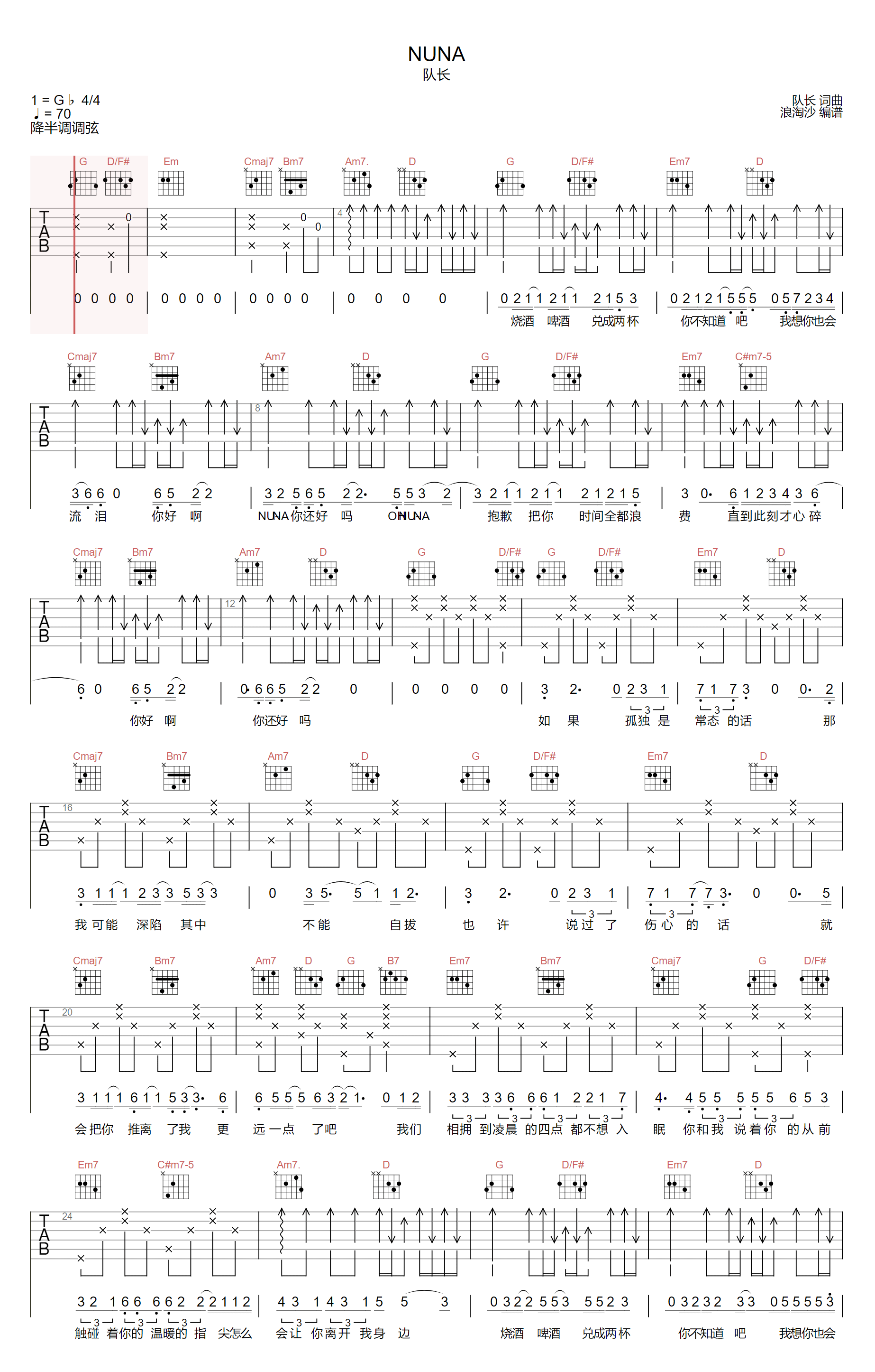 《NUNA吉他谱》队长_G调六线谱_浪淘沙制谱