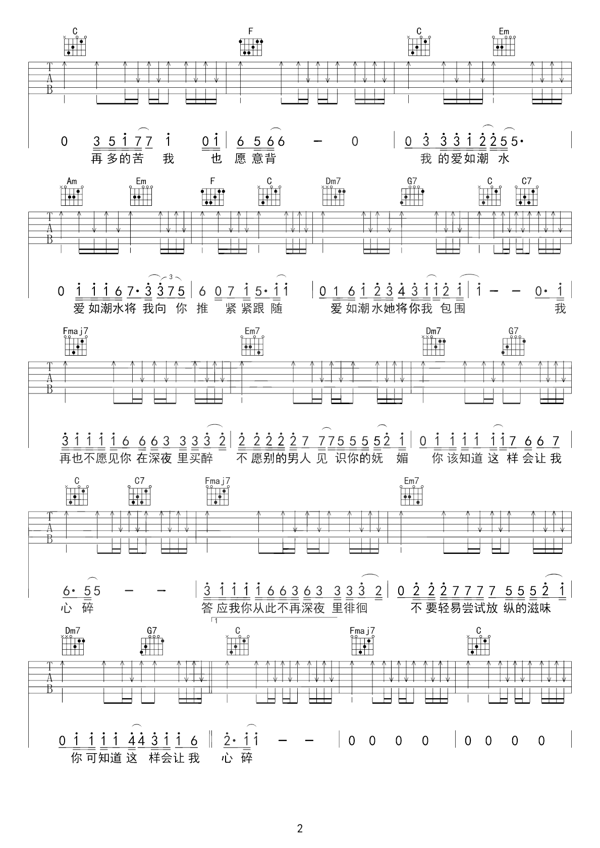 《爱如潮水吉他谱》张信哲_C调六线谱_友琴吉他制谱