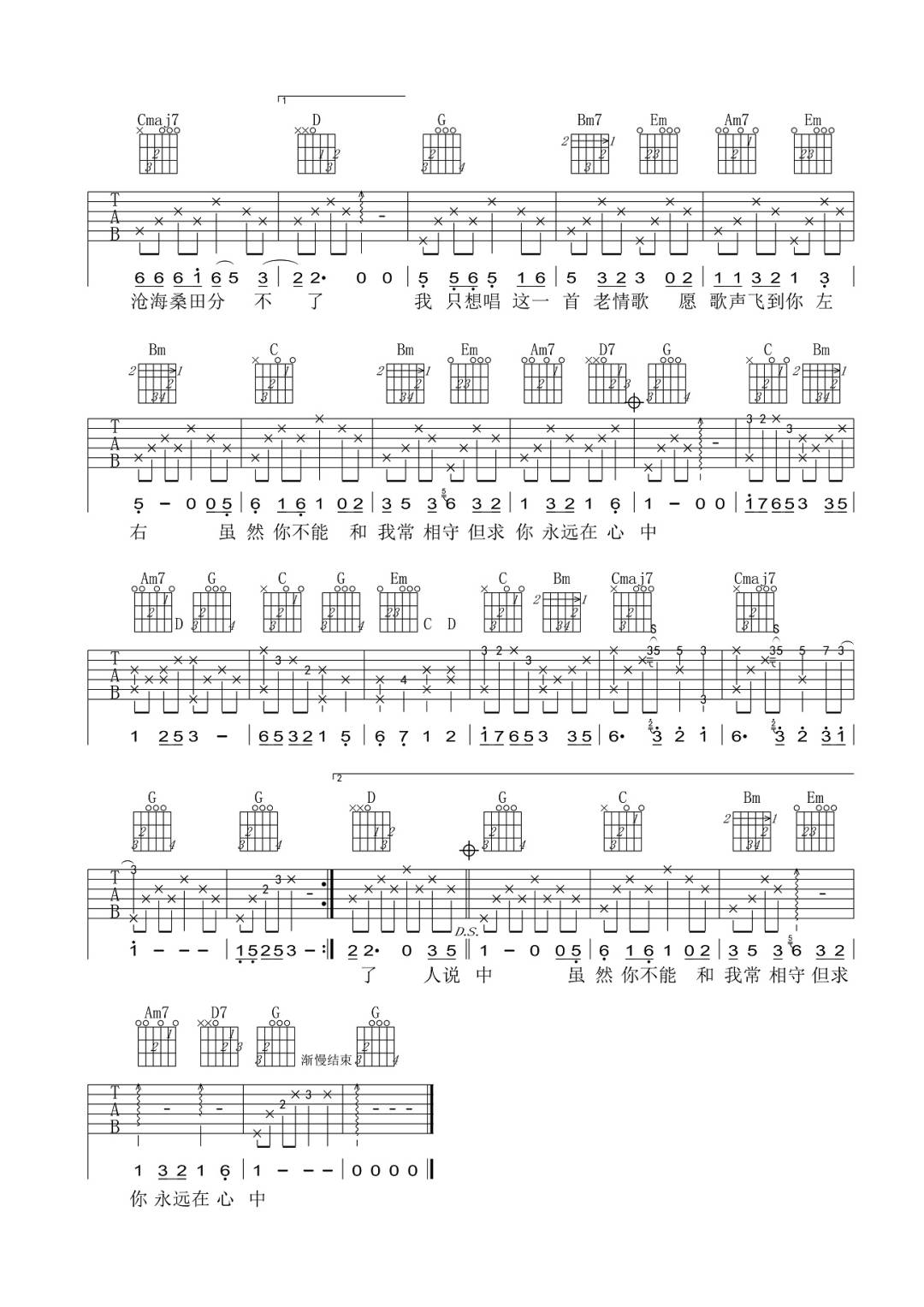 《老情歌吉他谱》吕方_G调六线谱_网络转载制谱
