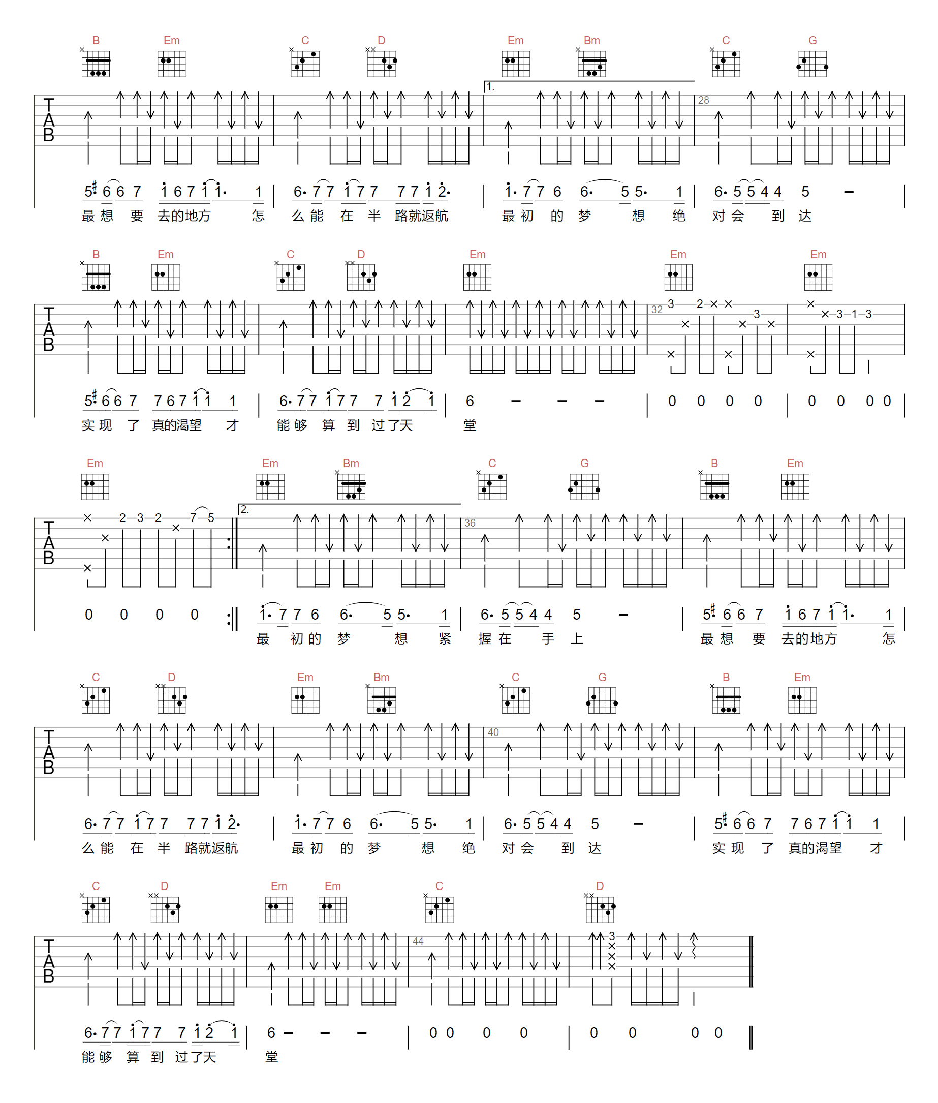 《最初的梦想吉他谱》王小帅_G调六线谱_阿辉制谱